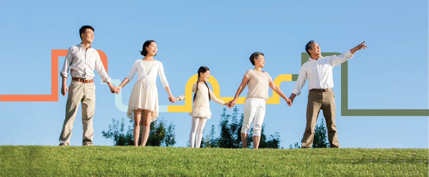Family standing under the Harvest Link brand line